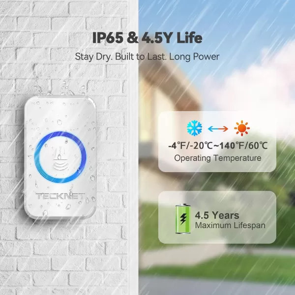 TECKNET Wireless Doorbell with 2 PlugIn Receivers IP65 Waterproof Doorbells for home 1300Ft Operating Range 60 Optional Melodies ampamp 5 Adjustment Volume Levels of 0120 dB RGB WhiteRGB White