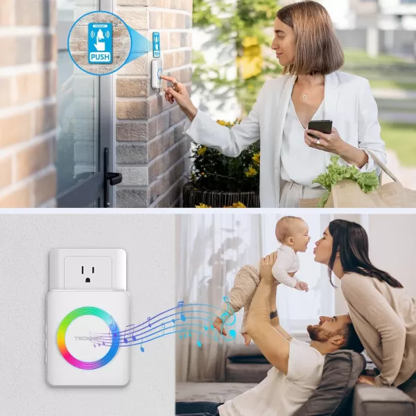 TECKNET Wireless Doorbell with 2 PlugIn Receivers IP65 Waterproof Doorbells for home 1300Ft Operating Range 60 Optional Melodies ampamp 5 Adjustment Volume Levels of 0120 dB RGB WhiteRGB White