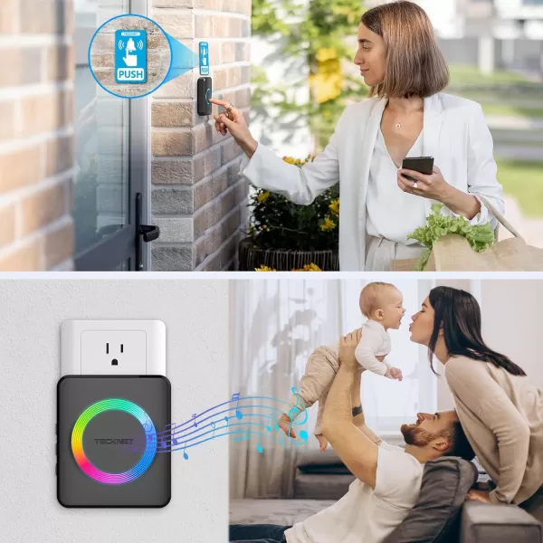 TECKNET Wireless Doorbell with 2 PlugIn Receivers IP65 Waterproof Doorbells for home 1300Ft Operating Range 60 Optional Melodies ampamp 5 Adjustment Volume Levels of 0120 dB RGB WhiteBlack
