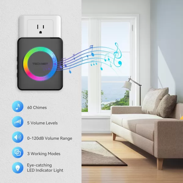 TECKNET Wireless Doorbell with 2 PlugIn Receivers IP65 Waterproof Doorbells for home 1300Ft Operating Range 60 Optional Melodies ampamp 5 Adjustment Volume Levels of 0120 dB RGB WhiteBlack