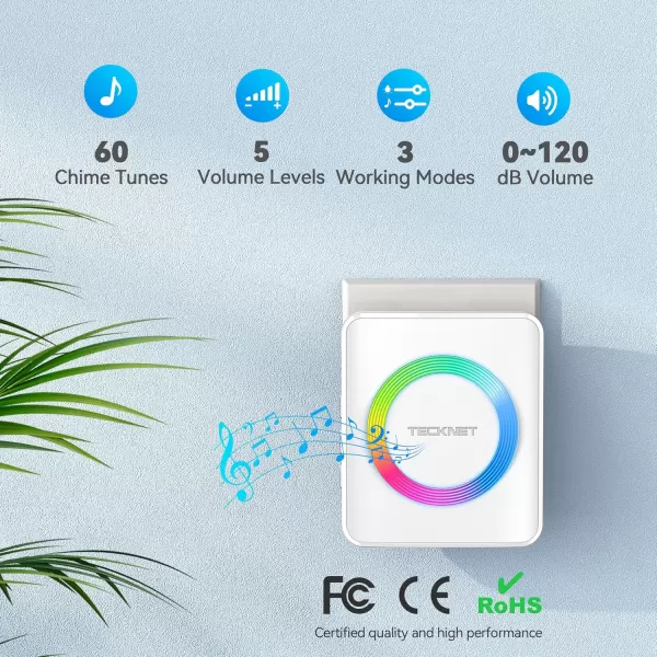 TECKNET Wireless Doorbells for Home IP65 Waterproof Door Bell 1300ft Range 0120dB Classroom Doorbell Kits with 60 Chimes ampamp 5 Volume Levels RGB Flashing for Hearing Impaired with 2 ReceiversWhiteRGB Light White