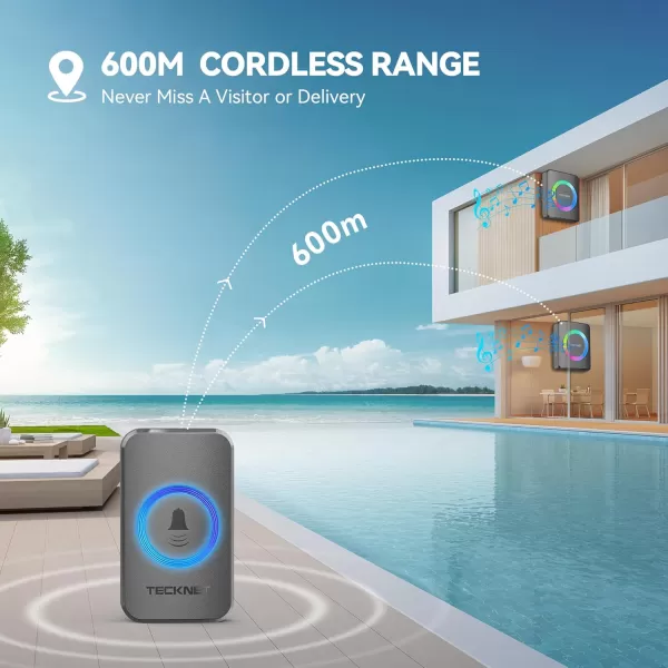 TECKNET Wireless Doorbells for Home IP65 Waterproof Door Bell 1300ft Range 0120dB Classroom Doorbell Kits with 60 Chimes ampamp 5 Volume Levels RGB Flashing for Hearing Impaired with 2 ReceiversWhiteRGB Grey