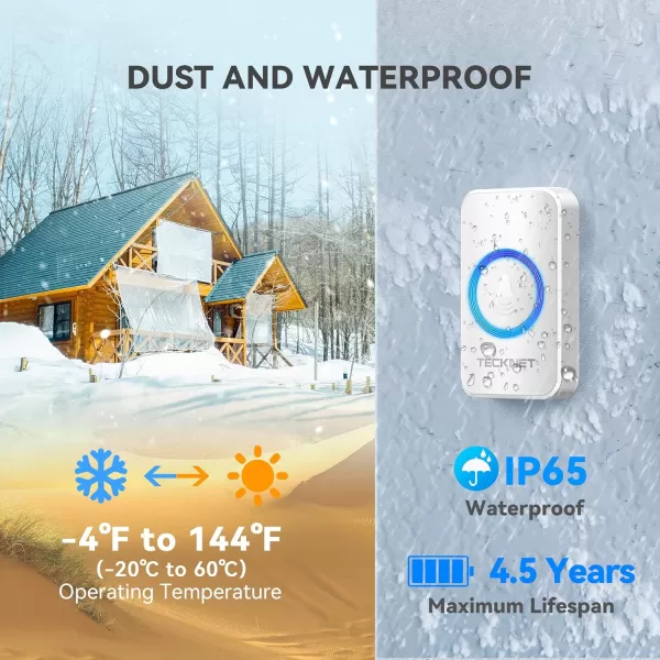 TECKNET Wireless Doorbells for Home IP65 Waterproof Door Bell 1300ft Range 0120dB Classroom Doorbell Kits with 60 Chimes ampamp 5 Volume Levels RGB Flashing for Hearing Impaired with 2 ReceiversWhiteRGB Light White