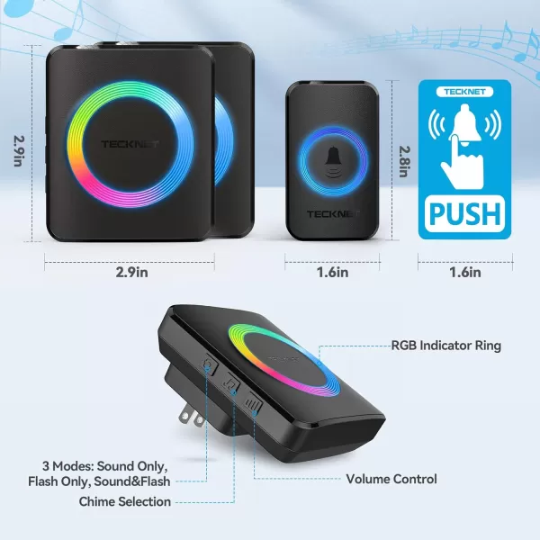 TECKNET Wireless Doorbells for Home IP65 Waterproof Door Bell 1300ft Range 0120dB Classroom Doorbell Kits with 60 Chimes ampamp 5 Volume Levels RGB Flashing for Hearing Impaired with 2 ReceiversWhiteRGB Black