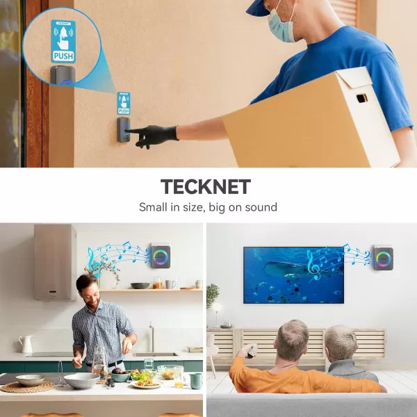 TECKNET Wireless Doorbells for Home IP65 Waterproof Door Bell 1300ft Range 0120dB Classroom Doorbell Kits with 60 Chimes ampamp 5 Volume Levels RGB Flashing for Hearing Impaired with 2 ReceiversWhiteRGB Grey