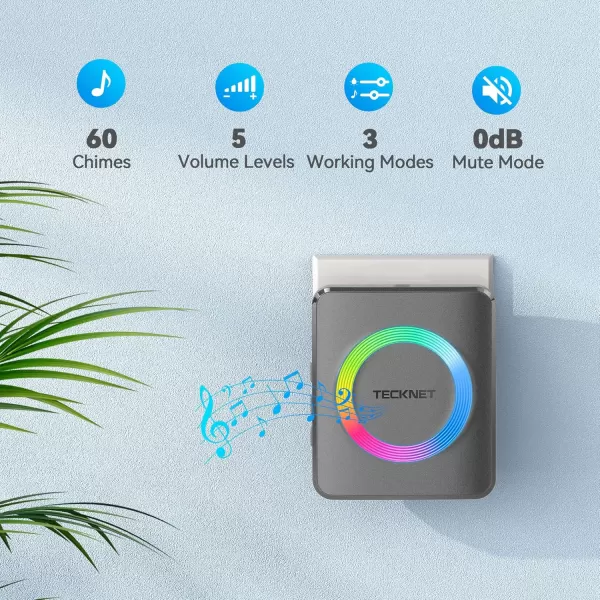 TECKNET Wireless Doorbells for Home IP65 Waterproof Door Bell 1300ft Range 0120dB Classroom Doorbell Kits with 60 Chimes ampamp 5 Volume Levels RGB Flashing for Hearing Impaired with 2 ReceiversWhiteRGB Grey