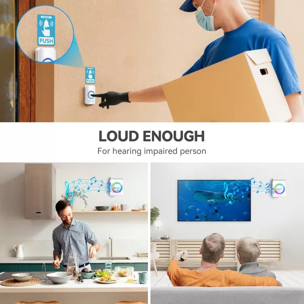 TECKNET Wireless Doorbells for Home IP65 Waterproof Door Bell 1300ft Range 0120dB Classroom Doorbell Kits with 60 Chimes ampamp 5 Volume Levels RGB Flashing for Hearing Impaired with 2 ReceiversWhiteRGB Light White