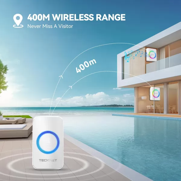 TECKNET Wireless Doorbells for Home IP65 Waterproof Door Bell 1300ft Range 0120dB Classroom Doorbell Kits with 60 Chimes ampamp 5 Volume Levels RGB Flashing for Hearing Impaired with 2 ReceiversWhiteRGB Light White
