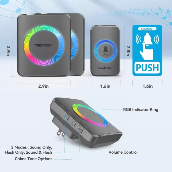 TECKNET Wireless Doorbells for Home IP65 Waterproof Door Bell 1300ft Range 0120dB Classroom Doorbell Kits with 60 Chimes ampamp 5 Volume Levels RGB Flashing for Hearing Impaired with 2 ReceiversWhiteRGB Grey