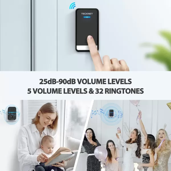TECKNET Wireless Doorbells for Home Waterproof Classroom Door Bell Ringer Wireless with 60 Ringtones ampamp 5 Level Volume 1300ft Range SelfPowered Doorbell Chimes Kit with LED for House WhiteDark Black