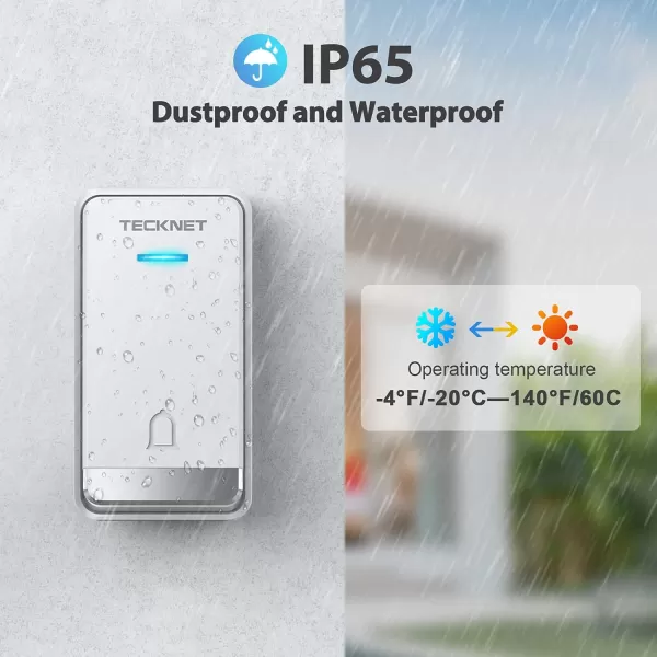 TECKNET Wireless Doorbells for Home Waterproof Classroom Door Bell Ringer Wireless with 60 Ringtones ampamp 5 Level Volume 1300ft Range SelfPowered Doorbell Chimes Kit with LED for House WhiteWhite