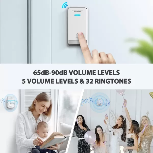 TECKNET Wireless Doorbells for Home Waterproof Classroom Door Bell Ringer Wireless with 60 Ringtones ampamp 5 Level Volume 1300ft Range SelfPowered Doorbell Chimes Kit with LED for House WhiteWhite