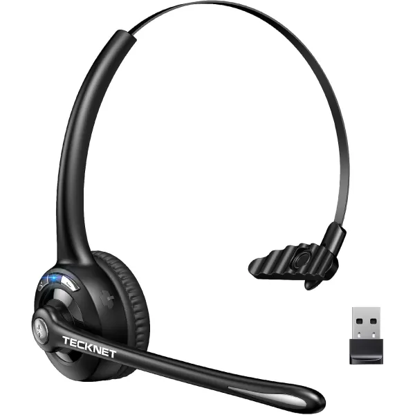 TECKNET Wireless Headset Bluetooth Headphones with Noise Cancelling Microphone for Trucker Hand Free Wireless Headset with Mute Mic for CellphonePCHomeOfficeCall Center USB Dongle