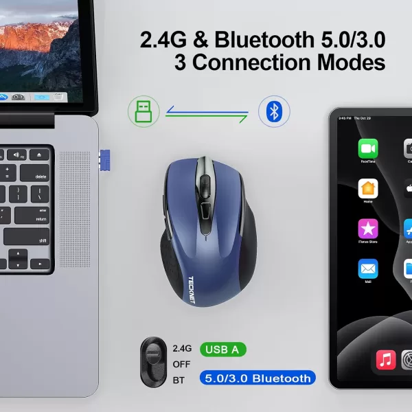 TECKNET Wireless Mouse 24G ampamp BT5030 Silent Mouse 4800 DPI Computer Mouse 6 Buttons Bluetooth Mouse USB A Mouse Wide Compatibility  GreyBlue