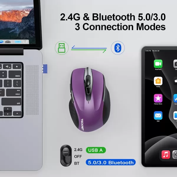 TECKNET Wireless Mouse 24G ampamp BT5030 Silent Mouse 4800 DPI Computer Mouse 6 Buttons Bluetooth Mouse USB A Mouse Wide Compatibility  GreyPurple