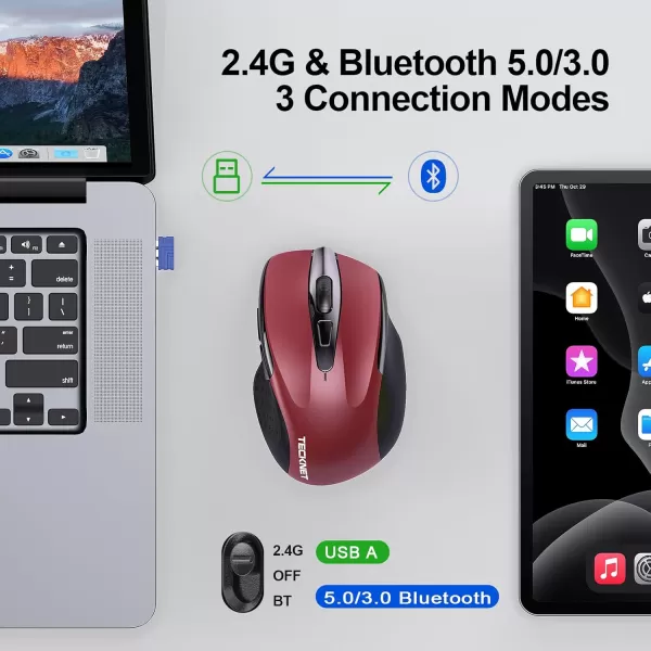 TECKNET Wireless Mouse 24G ampamp BT5030 Silent Mouse 4800 DPI Computer Mouse 6 Buttons Bluetooth Mouse USB A Mouse Wide Compatibility  GreyRed