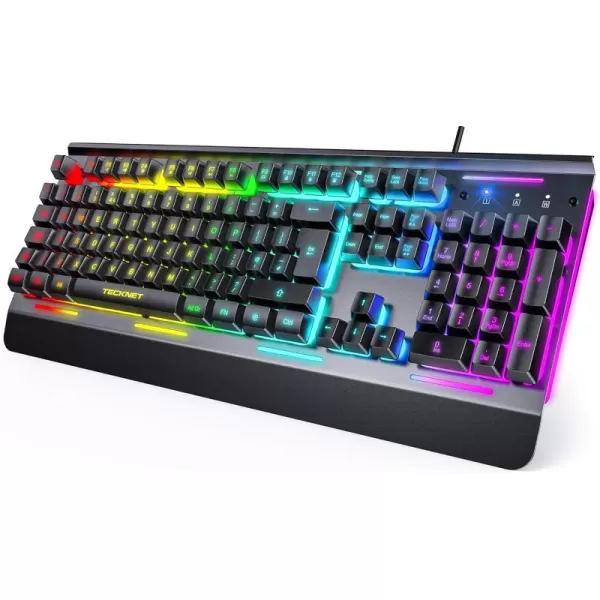 TECKNET RGB Gaming Keyboard 105 Keys AllMetal Panel 15Zone RGB Illumination Silent Keyboard with Wrist Rest 25 Antighosting Keys IP32 Water Resistance USB Wired Keyboard for PC Mac LaptopBlack