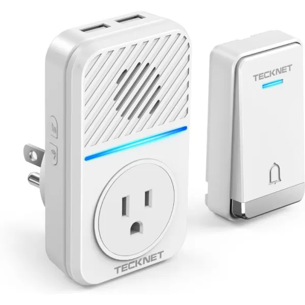 TECKNET Wireless Doorbell SelfPowered Doorbell with 2 USB Ports IP65 Waterproof Door Bells Cordless Door Chime Kit with 60 Chimes 5 Adjustable Volume and 1300Ft Range for Home Classroom OfficeWhite