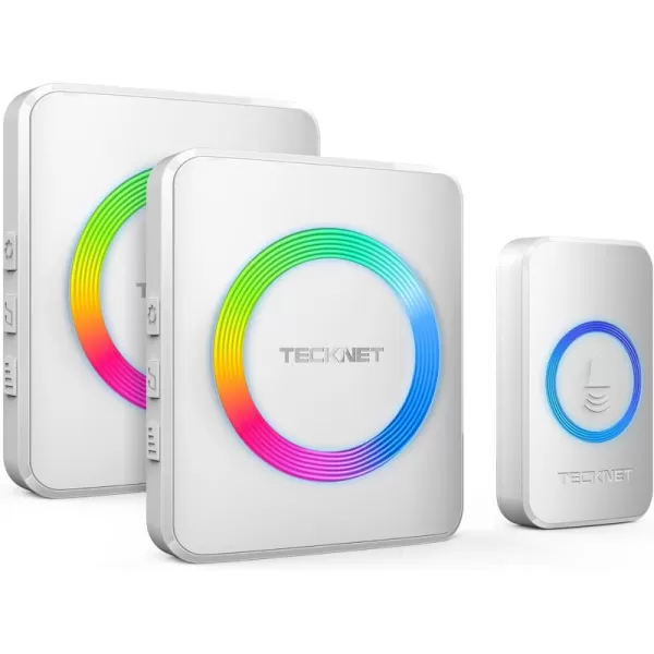 TECKNET Wireless Doorbell with 2 PlugIn Receivers IP65 Waterproof Doorbells for home 1300Ft Operating Range 60 Optional Melodies ampamp 5 Adjustment Volume Levels of 0120 dB RGB WhiteRGB White