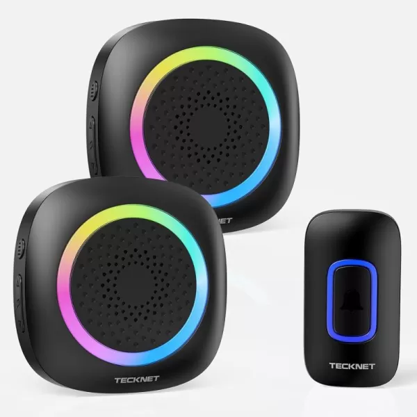 TECKNET Wireless Doorbell with 2 Portable Doorbell with RGB Light Battery Powered IP66 Waterproof Door Chime Kit 1300ft Wireless Range 60 Chimes ampamp 5 Level Volume Using Time up to 45 Yearsblack