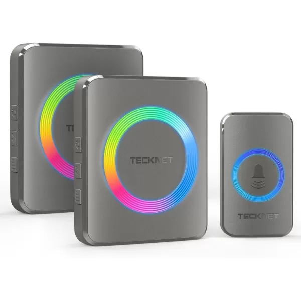 TECKNET Wireless Doorbells for Home IP65 Waterproof Door Bell 1300ft Range 0120dB Classroom Doorbell Kits with 60 Chimes ampamp 5 Volume Levels RGB Flashing for Hearing Impaired with 2 ReceiversWhiteRGB Grey