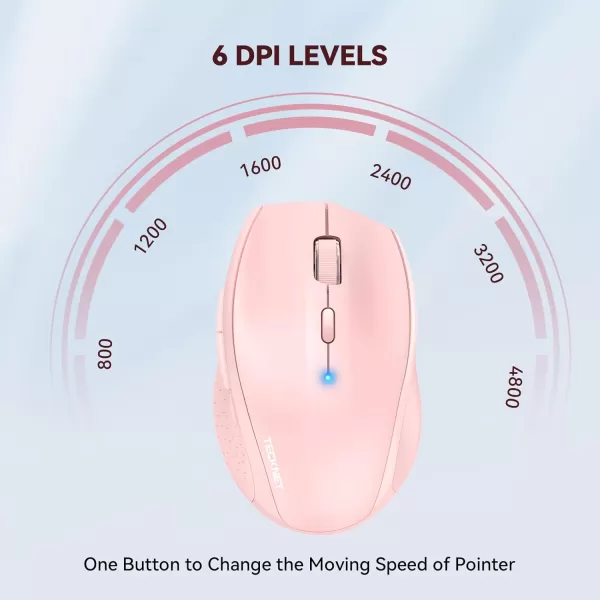 TECKNET Bluetooth Mouse 4800 DPI Computer Mouse 2Year Battery Wireless Mouse 6 Adjustable DPI 6 Buttons Compatible with LaptopWindowsComputerPink
