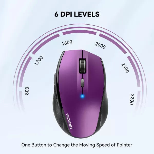 TECKNET Bluetooth Mouse 4800 DPI Computer Mouse 2Year Battery Wireless Mouse 6 Adjustable DPI 6 Buttons Compatible with LaptopWindowsComputerPurple