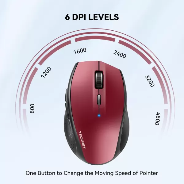 TECKNET Bluetooth Mouse 4800 DPI Computer Mouse 2Year Battery Wireless Mouse 6 Adjustable DPI 6 Buttons Compatible with LaptopWindowsComputerRed