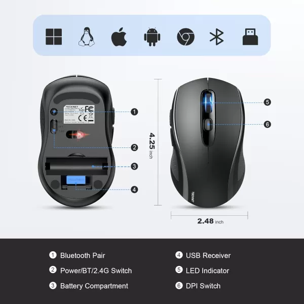 TECKNET Bluetooth Mouse Wireless Mouse Bluetooth for Laptop 2in1BT 503024Ghz Computer Mouse Portable PC Mouse Wireless with USB Receiver for Mac Compatible with MacBook Pro Air ChromebookBlack