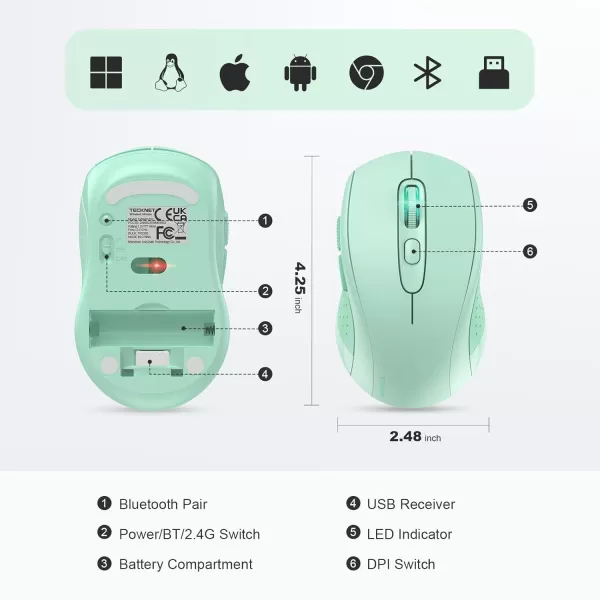 TECKNET Bluetooth Mouse Wireless Mouse Bluetooth for Laptop 2in1BT 503024Ghz Computer Mouse Portable PC Mouse Wireless with USB Receiver for Mac Compatible with MacBook Pro Air ChromebookGreen
