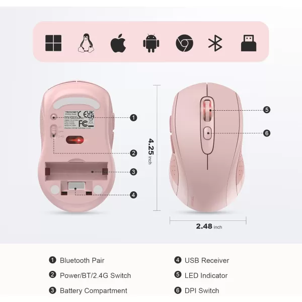 TECKNET Bluetooth Mouse Wireless Mouse Bluetooth for Laptop 2in1BT 503024Ghz Computer Mouse Portable PC Mouse Wireless with USB Receiver for Mac Compatible with MacBook Pro Air ChromebookPink