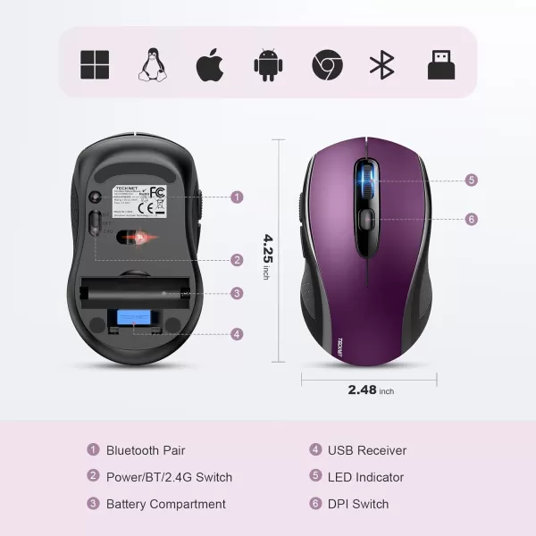 TECKNET Bluetooth Mouse Wireless Mouse Bluetooth for Laptop 2in1BT 503024Ghz Computer Mouse Portable PC Mouse Wireless with USB Receiver for Mac Compatible with MacBook Pro Air ChromebookPurple