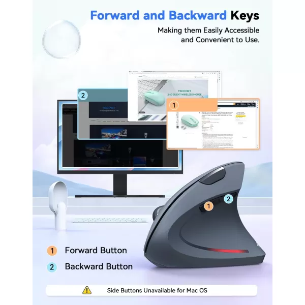 TECKNET Ergonomic Mouse 4800 DPI Wireless Vertical Mouse with 5 Adjustable DPI Levels 24GHz Optical Carpal Tunnel Mouse 6 Buttons Wireless Mouse for Laptop Desktop PC MacBook  BlackGrey