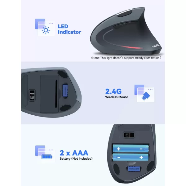 TECKNET Ergonomic Mouse 4800 DPI Wireless Vertical Mouse with 5 Adjustable DPI Levels 24GHz Optical Carpal Tunnel Mouse 6 Buttons Wireless Mouse for Laptop Desktop PC MacBook  BlackGrey