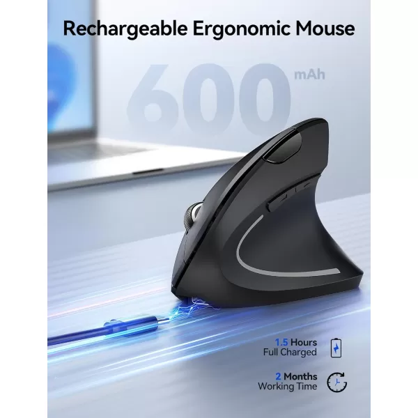 TECKNET Ergonomic Mouse Rechargeable Vertical Ergo Mouse Wireless Silent 24GHz 6 Buttons Optical Carpal Tunnel Mouse 5 Adjustment Levels Up to 4800DPI Wireless Mouse for Laptop Desktop PCBlack