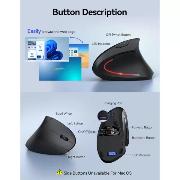 TECKNET Ergonomic Mouse Rechargeable Vertical Ergo Mouse Wireless Silent 24GHz 6 Buttons Optical Carpal Tunnel Mouse 5 Adjustment Levels Up to 4800DPI Wireless Mouse for Laptop Desktop PCBlack