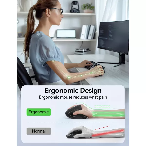 TECKNET Ergonomic Mouse Rechargeable Vertical Ergo Mouse Wireless Silent 24GHz 6 Buttons Optical Carpal Tunnel Mouse 5 Adjustment Levels Up to 4800DPI Wireless Mouse for Laptop Desktop PCBlack