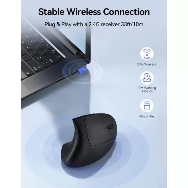 TECKNET Ergonomic Mouse Rechargeable Vertical Ergo Mouse Wireless Silent 24GHz 6 Buttons Optical Carpal Tunnel Mouse 5 Adjustment Levels Up to 4800DPI Wireless Mouse for Laptop Desktop PCBlack