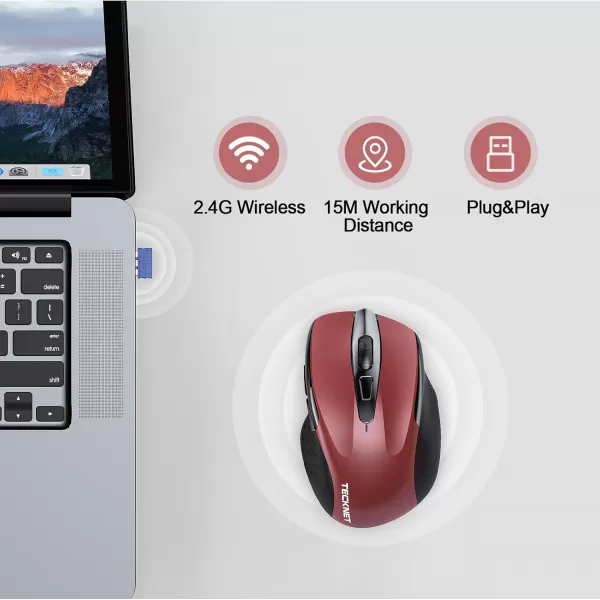 TECKNET Rechargeable Wireless MouseUSBA Silent Mouse Quiet Click 6 Adjustable 4800 DPI Cordless Computer Mouse Ergonomic Mouse for Laptop 6 Buttons 24G Mouse for Chromebook Ergo Grip  PurpleRed