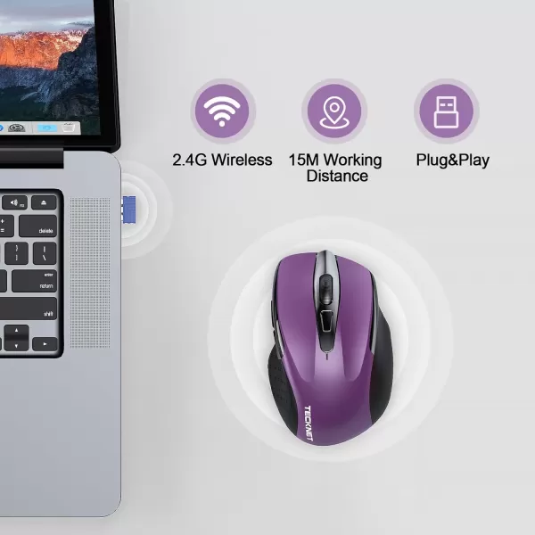TECKNET Rechargeable Wireless MouseUSBA Silent Mouse Quiet Click 6 Adjustable 4800 DPI Cordless Computer Mouse Ergonomic Mouse for Laptop 6 Buttons 24G Mouse for Chromebook Ergo Grip  PurplePurple