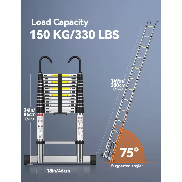TECKNET Telescoping Ladder 125 FT Aluminum Extension Ladder with Stabilizer Bar NonSlip Feet ampamp Detachable Hook 330lbs Capacity MultiPurpose Portable Step Ladders for Home RV Loft Library125FT