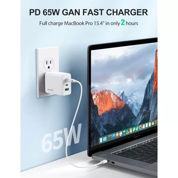TECKNET USB C Charger 65W PD 30 GaN Charger Type C Foldable Adapter with 3Port Fast Wall Charger Compatible with iPhone 15 Pro Max15 Plus15 Pro15141312MacBook ProiPadSwitchGalaxy S23White