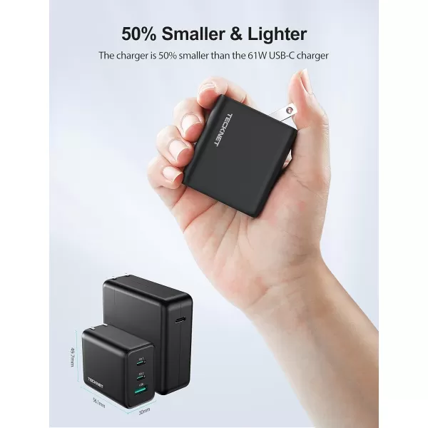 TECKNET USB C Charger 65W PD 30 GaN Charger Type C Foldable Adapter with 3Port Fast Wall Charger Compatible with iPhone 15 Pro Max15 Plus15 Pro15141312MacBook ProiPadSwitchGalaxy S23Dark Black