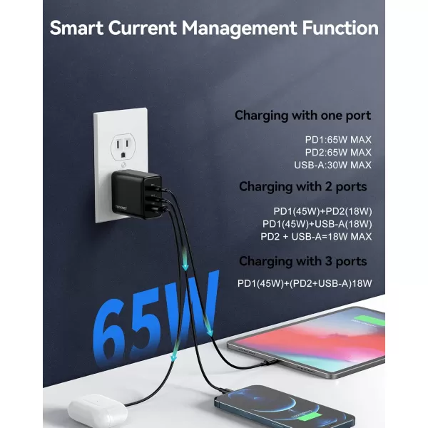 TECKNET USB C Charger 65W PD 30 GaN Charger Type C Foldable Adapter with 3Port Fast Wall Charger Compatible with iPhone 15 Pro Max15 Plus15 Pro15141312MacBook ProiPadSwitchGalaxy S23Black