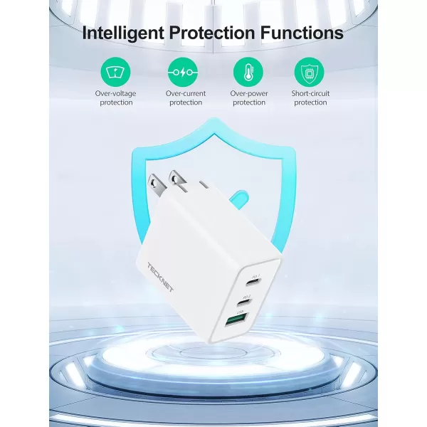 TECKNET USB C Charger 65W PD 30 GaN Charger Type C Foldable Adapter with 3Port Fast Wall Charger Compatible with iPhone 15 Pro Max15 Plus15 Pro15141312MacBook ProiPadSwitchGalaxy S23White