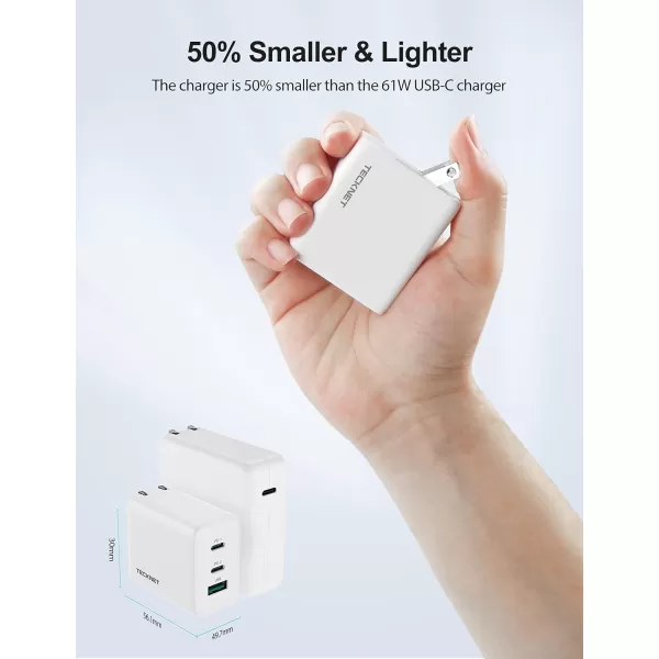 TECKNET USB C Charger 65W PD 30 GaN Charger Type C Foldable Adapter with 3Port Fast Wall Charger Compatible with iPhone 15 Pro Max15 Plus15 Pro15141312MacBook ProiPadSwitchGalaxy S23White