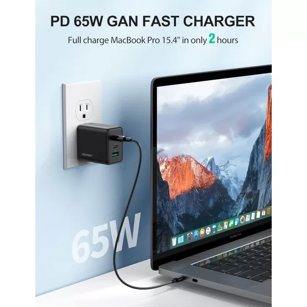 TECKNET USB C Charger 65W PD 30 GaN Charger Type C Foldable Adapter with 3Port Fast Wall Charger Compatible with iPhone 15 Pro Max15 Plus15 Pro15141312MacBook ProiPadSwitchGalaxy S23Dark Black