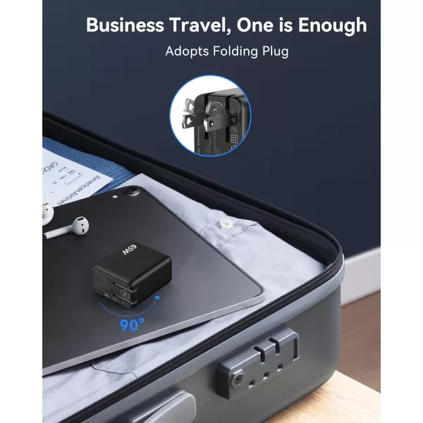 TECKNET USB C Charger 65W PD 30 GaN Charger Type C Foldable Adapter with 3Port Fast Wall Charger Compatible with iPhone 15 Pro Max15 Plus15 Pro15141312MacBook ProiPadSwitchGalaxy S23Black
