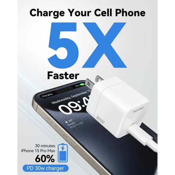 TECKNET USB C Charger Block Mini Foldable Plug Charger Fast Charging 30W PD Wall Charger with 5FT TypeC Cable for iPhone 151616 Plus16 Pro16 Pro Max Pixel Galaxy iPadiPad Mini and MoreMilk White