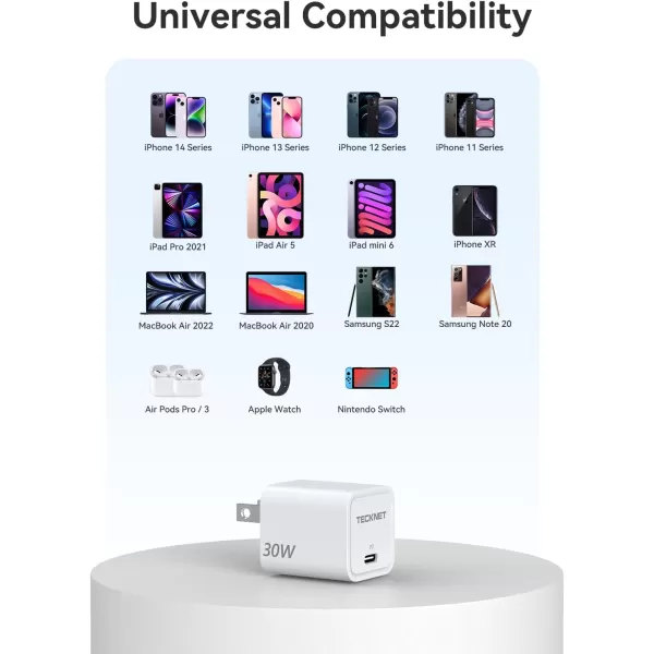 TECKNET USB C Charger Block Mini Foldable Plug Charger Fast Charging 30W PD Wall Charger with 5FT TypeC Cable for iPhone 151616 Plus16 Pro16 Pro Max Pixel Galaxy iPadiPad Mini and MoreWhite